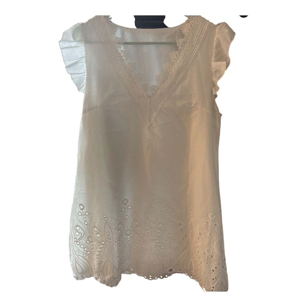 SHEIN White Eyelet Lace Trim V-Neck Ruffle Sleeve Blouse Size L
